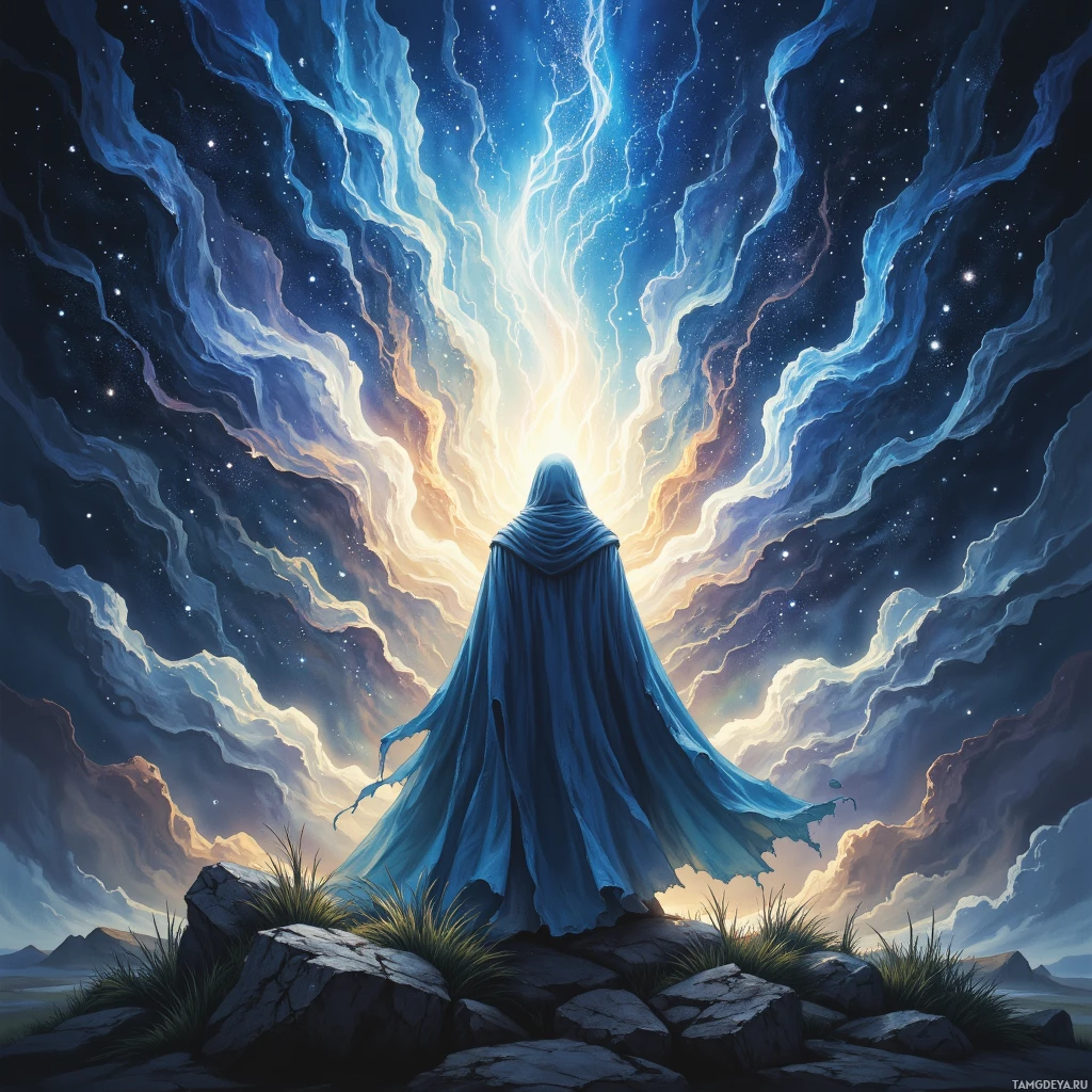 A hooded figure stands on a rocky outcrop, gazing at a radiant, ethereal light in the sky.