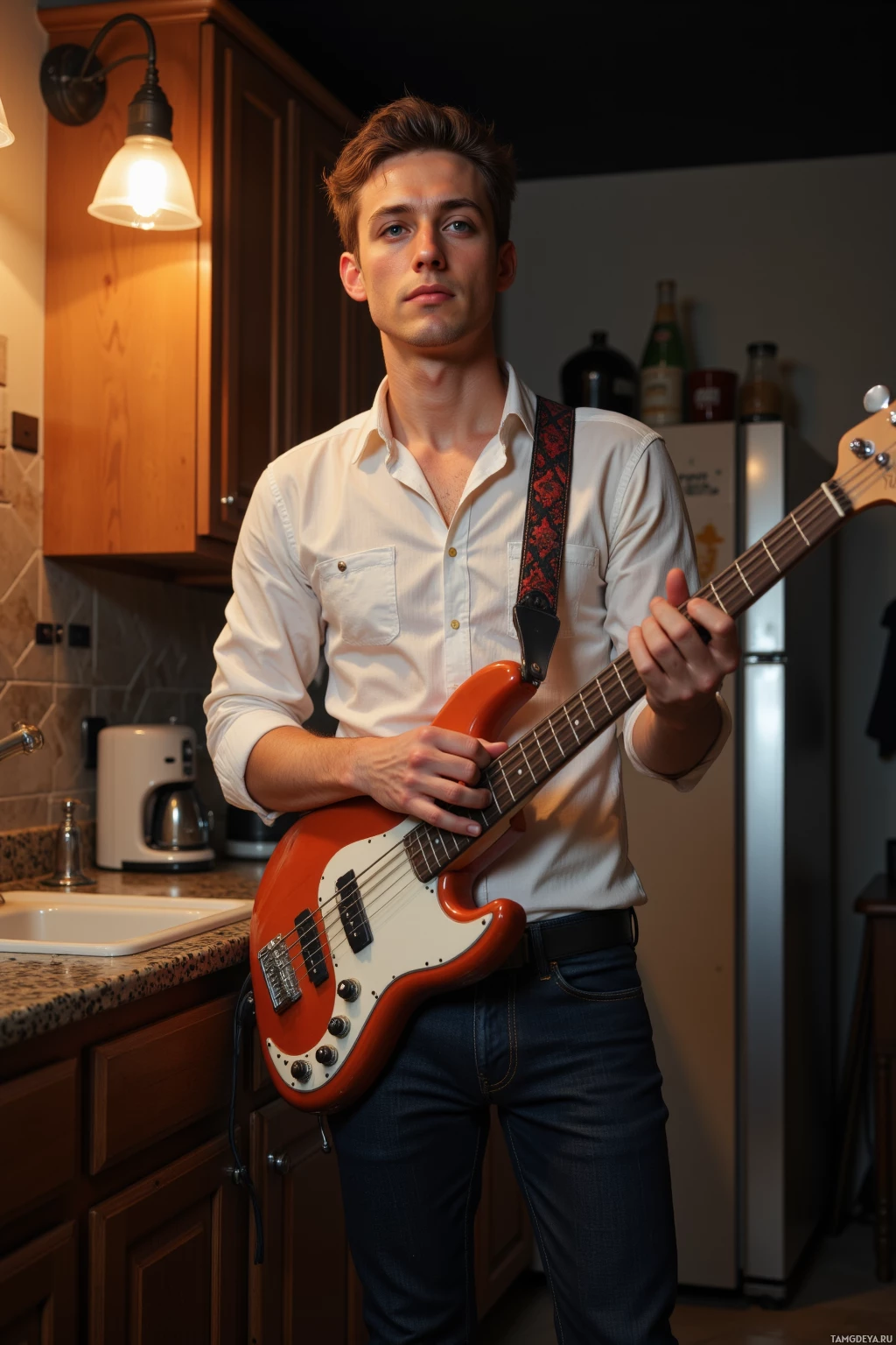 A young man stands in a kitchen holding a bass guitar.