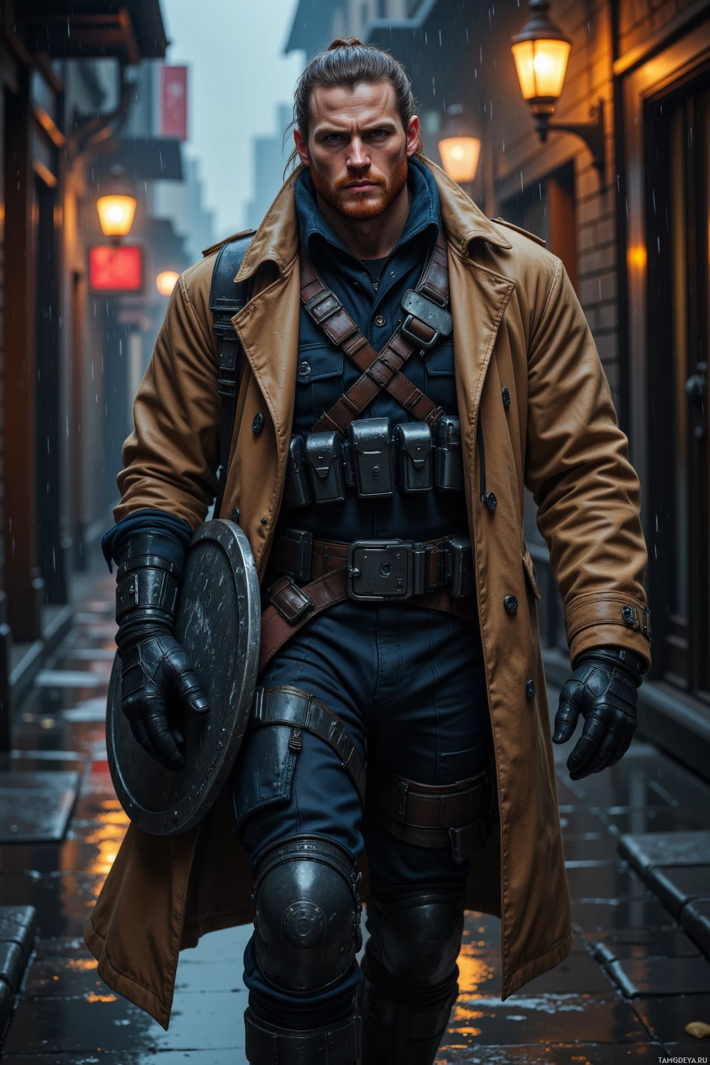 A man in a brown leather coat and tactical gear stands in a rainy alleyway.