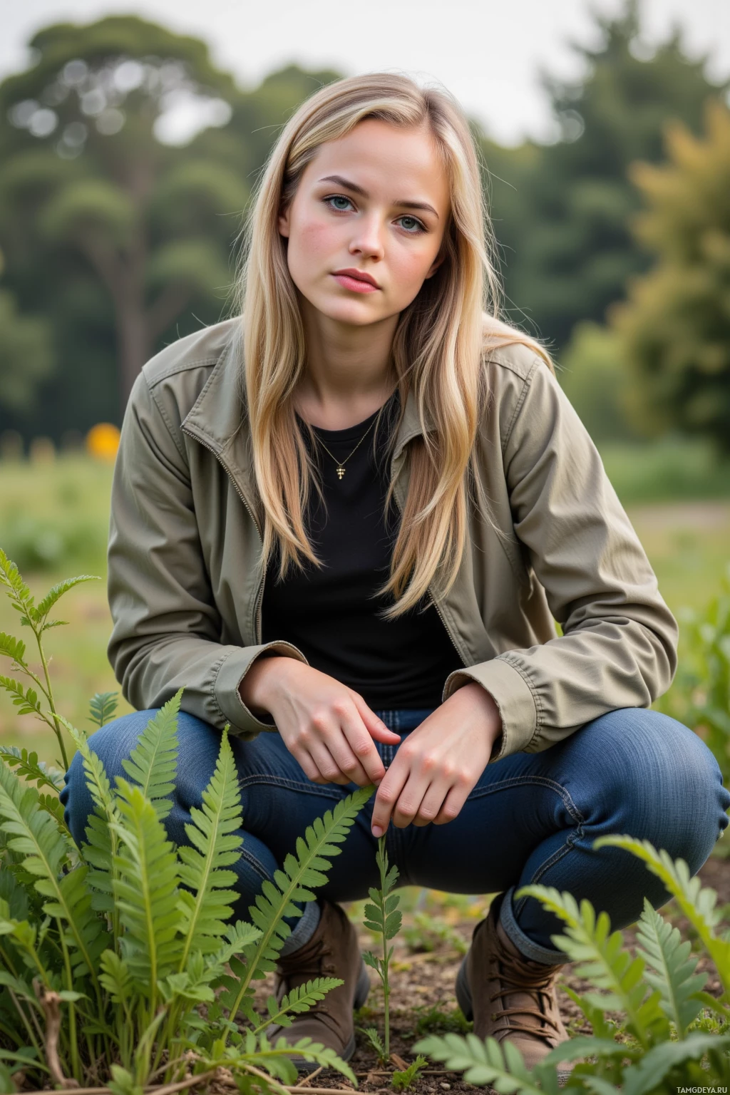 A person in a green jacket and jeans crouches among green plants in a natural setting.