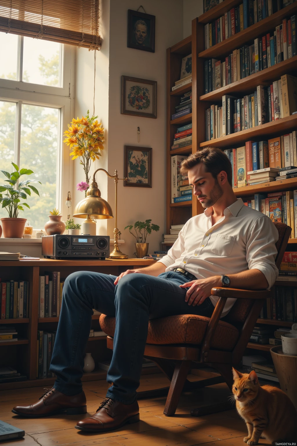 A man sits in a chair in a cozy room with bookshelves, a desk lamp, and a cat nearby.