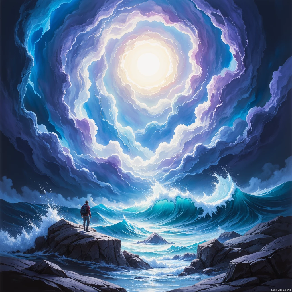 A lone figure stands on rocks overlooking a dramatic, swirling sky and crashing waves.