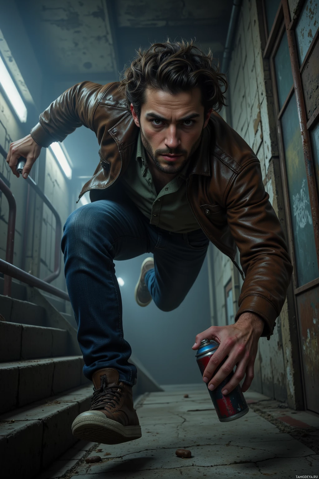 A man in a leather jacket and jeans crouches in a dimly lit hallway, holding a spray can.