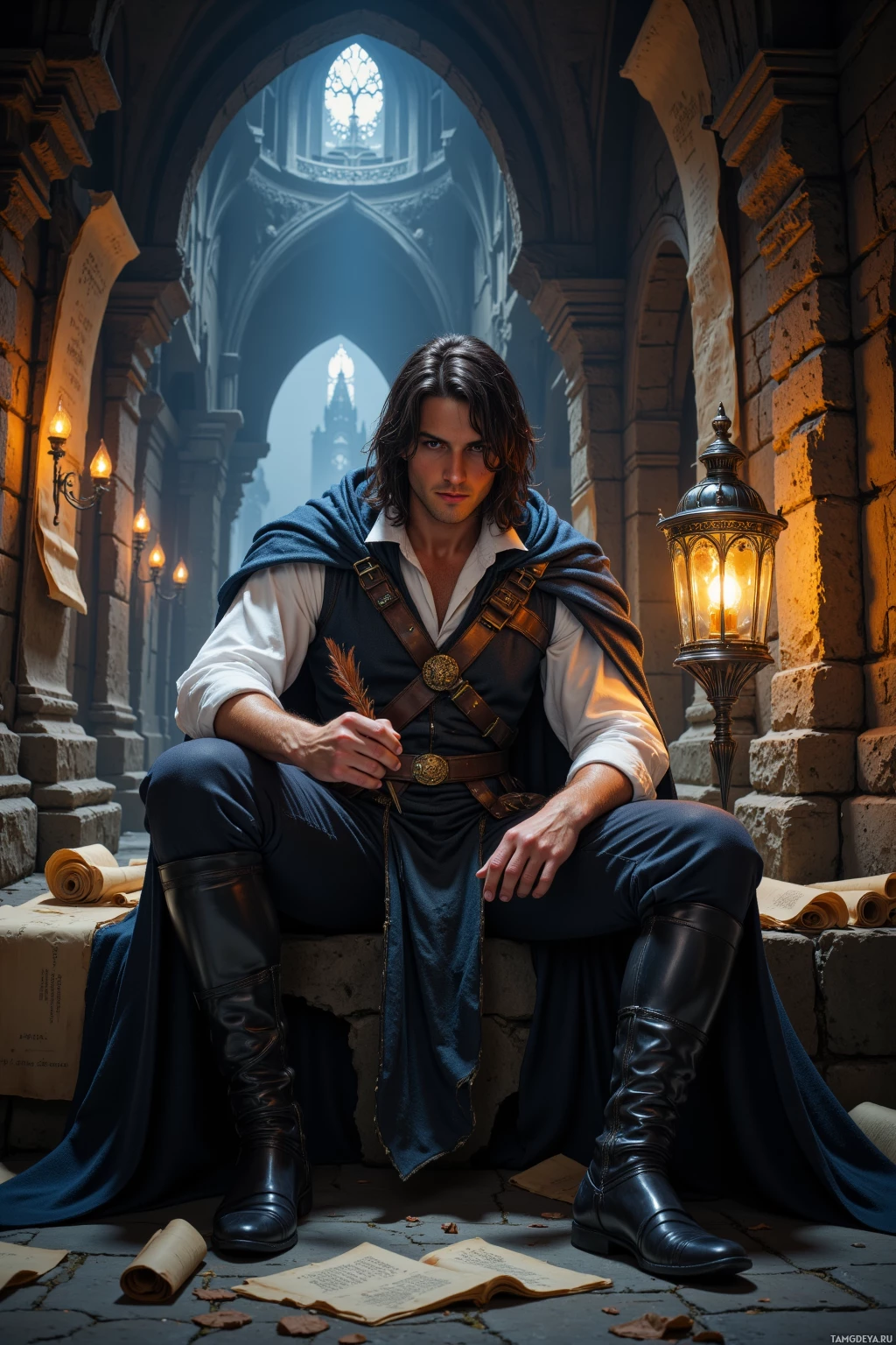 A man in medieval attire sits on a stone step in a dimly lit, gothic-style corridor.