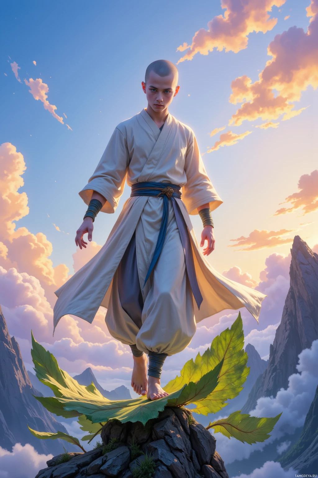 A person in traditional attire stands on a leafy rock, with a mountainous landscape and a colorful sky in the background.