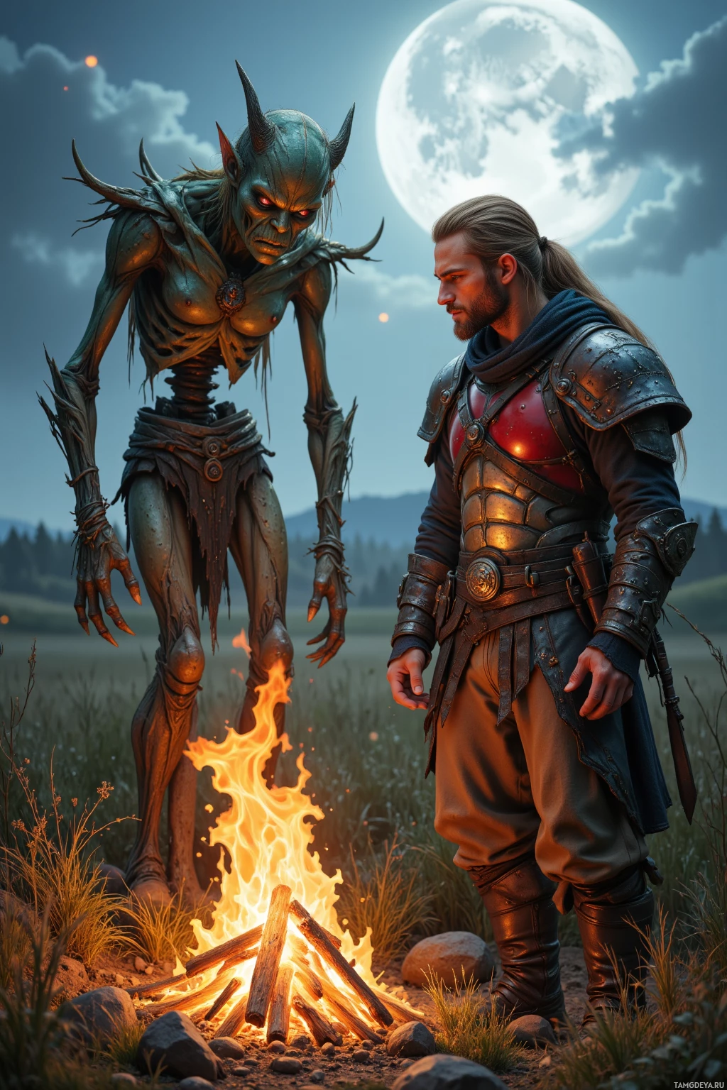 A warrior and a monstrous creature stand near a campfire under a full moon.