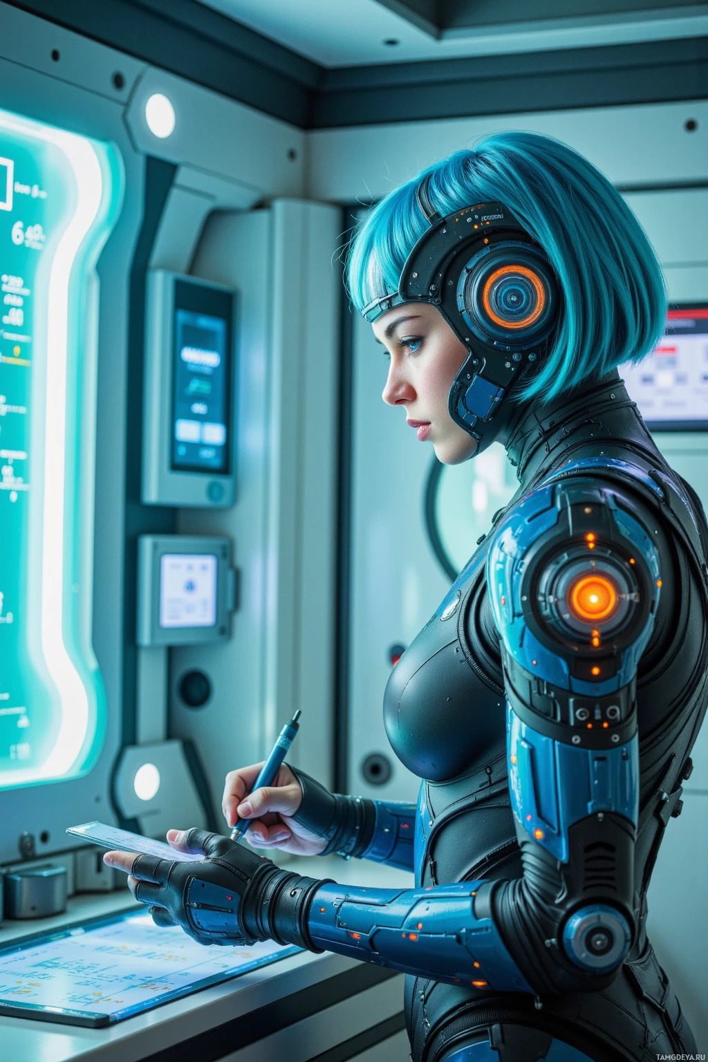 A person in futuristic attire is using a tablet in a high-tech environment.