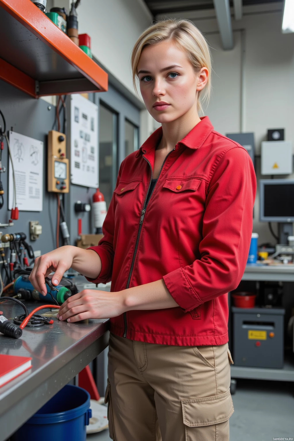 A person in a red jacket and beige pants stands in a workshop setting.