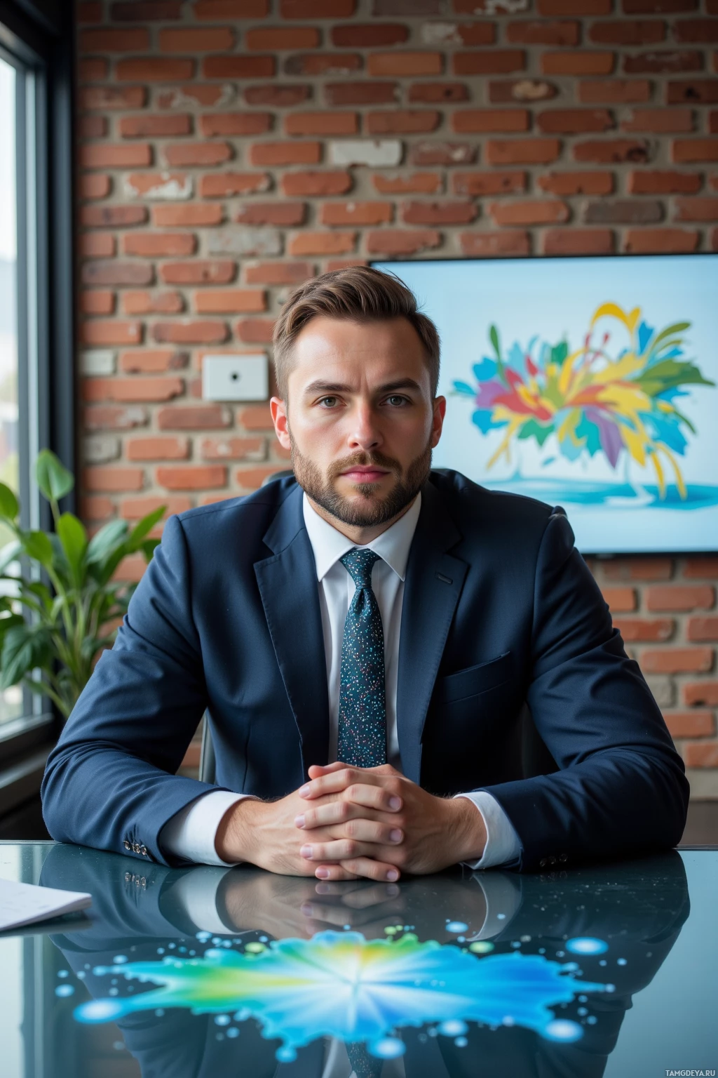 A man in a suit sits at a desk in an office setting.