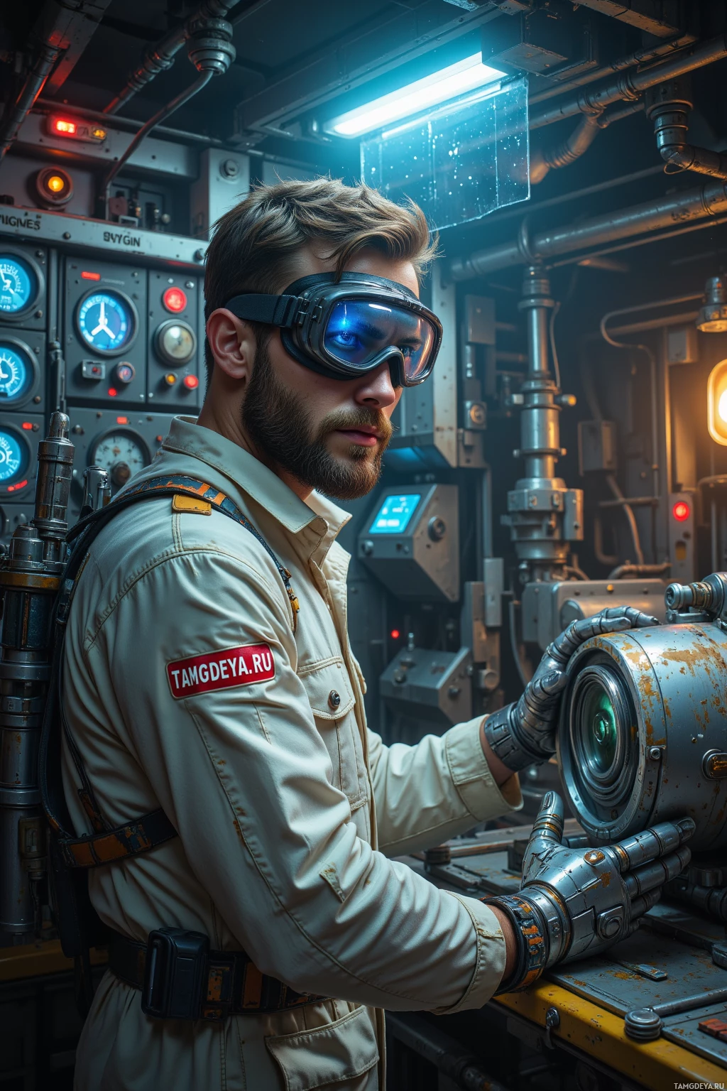 A person in a futuristic uniform and goggles is operating a high-tech control panel.