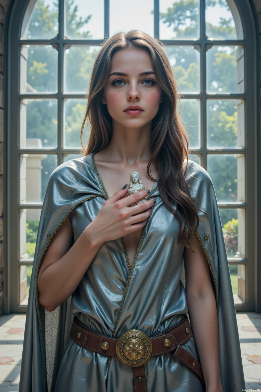 A woman in a metallic blue dress with a belt and cape stands in front of a large window.