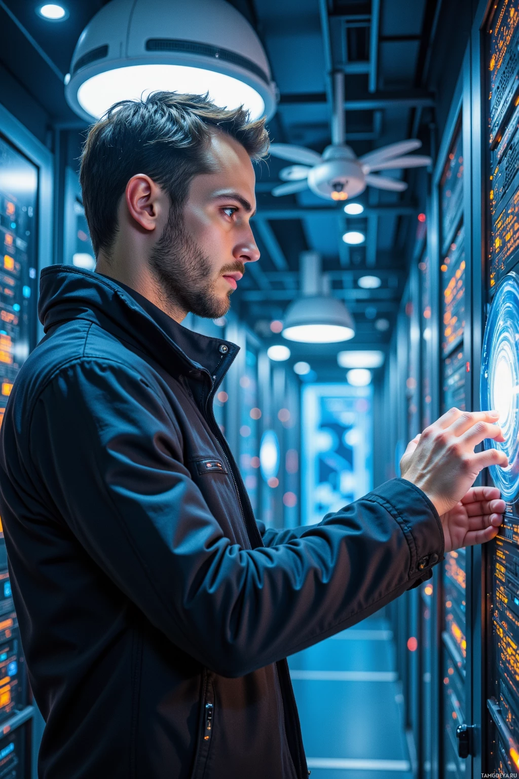 A man in a dark jacket is interacting with a high-tech interface in a futuristic setting.