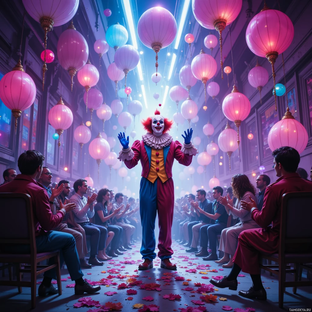 A clown in a colorful outfit stands in front of an audience in a room decorated with hanging lanterns and flower petals on the floor.