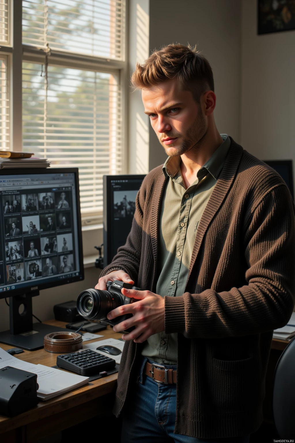A man stands in a room holding a camera, with a computer monitor displaying images in the background.