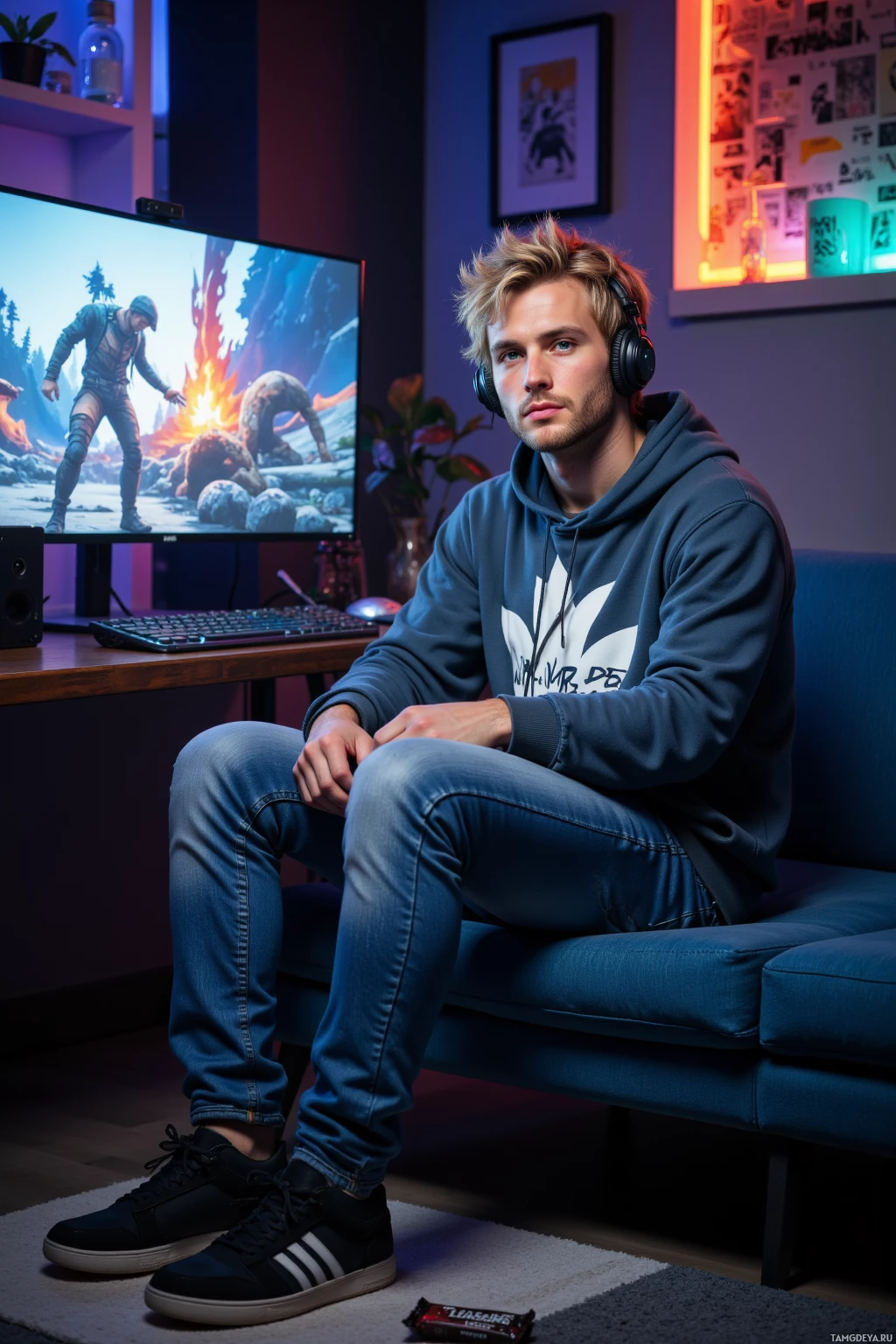 A person wearing headphones sits on a couch in a dimly lit room with a gaming setup in the background.