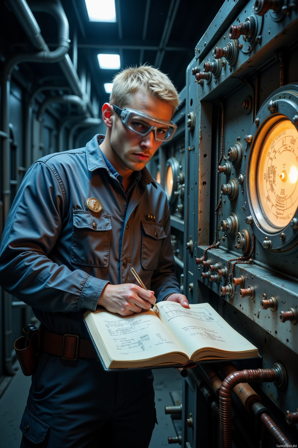 A person in a work uniform stands in a technical setting, holding a notebook and pen, with a complex panel of dials and gauges nearby.