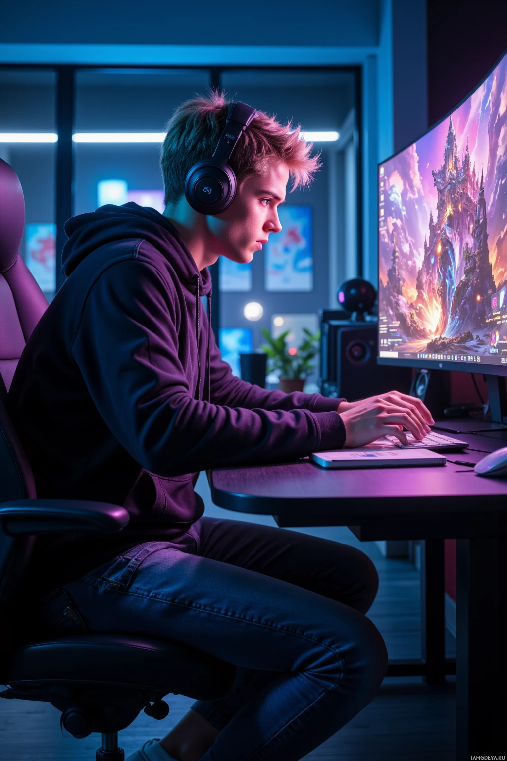 A person wearing headphones sits at a desk, focused on a computer screen displaying a vibrant game scene.