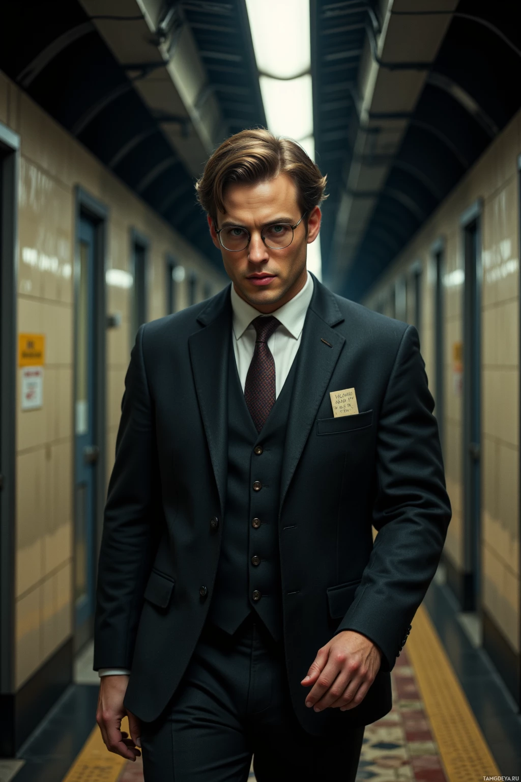 A man in a formal suit stands in a subway station.