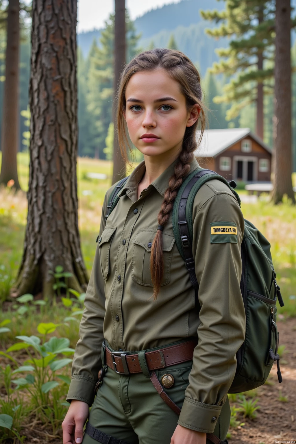 A person in a green uniform with a backpack stands in a forested area.