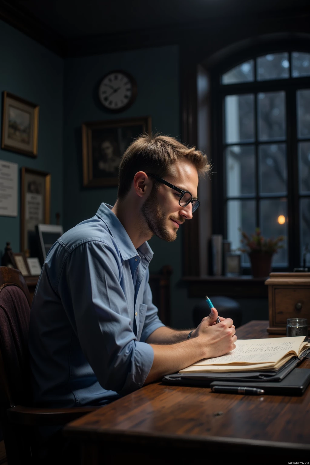 A man in glasses is writing in a notebook at a desk in a dimly lit room.
