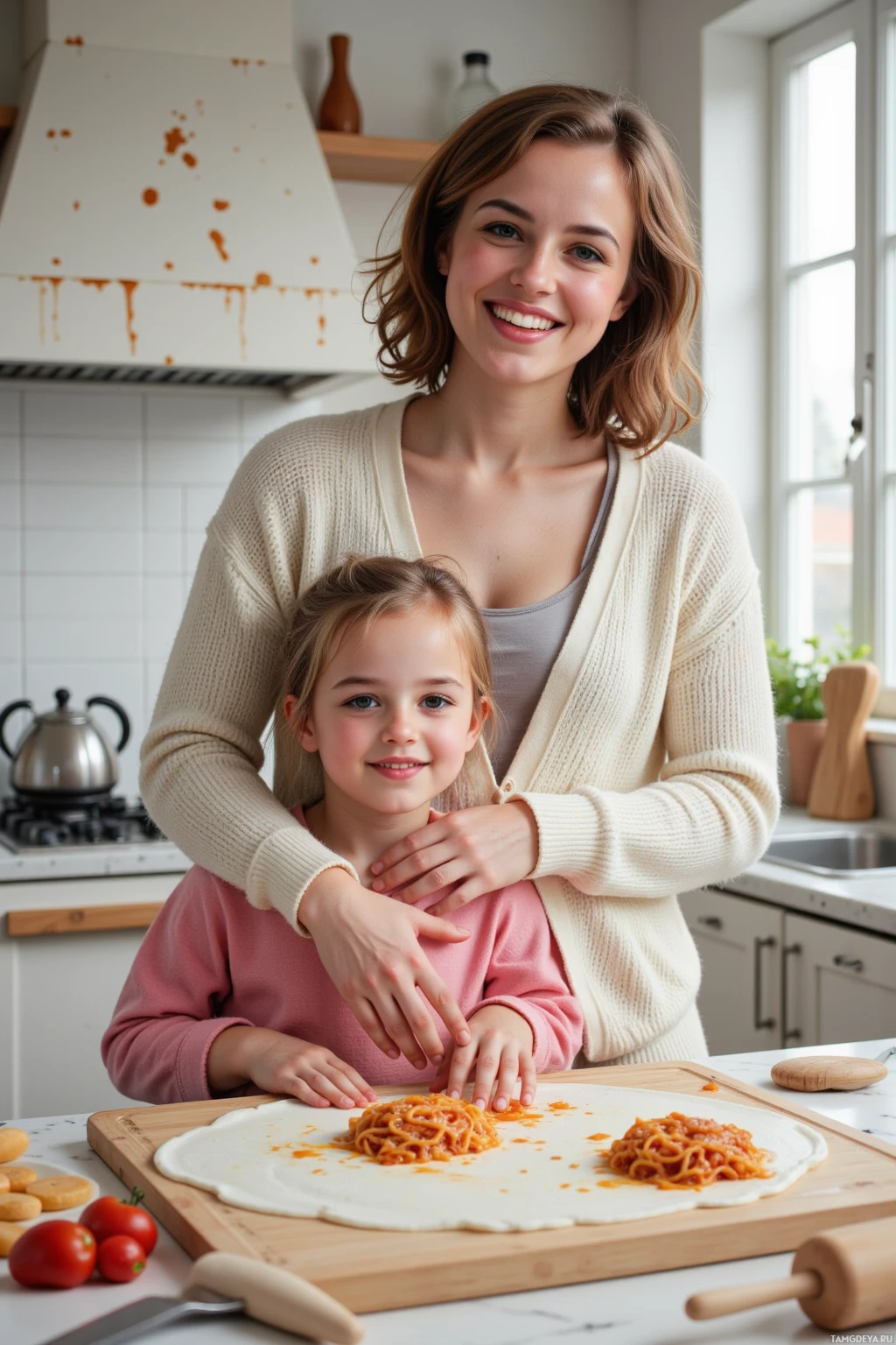 A woman and a child are in a kitchen, preparing food together.