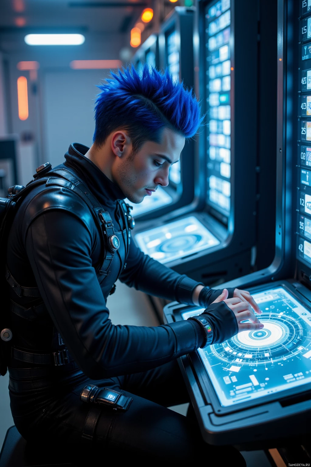 A person in a futuristic outfit interacts with a high-tech control panel.