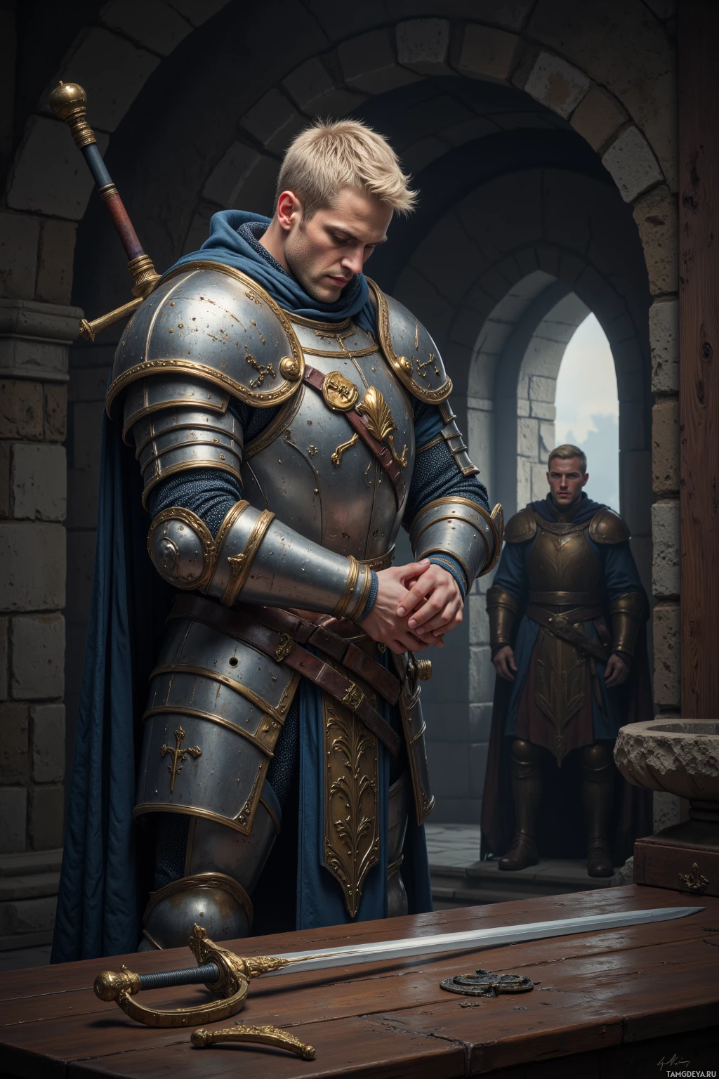 A knight in armor stands in a stone archway, holding a sword, with another figure in the background.