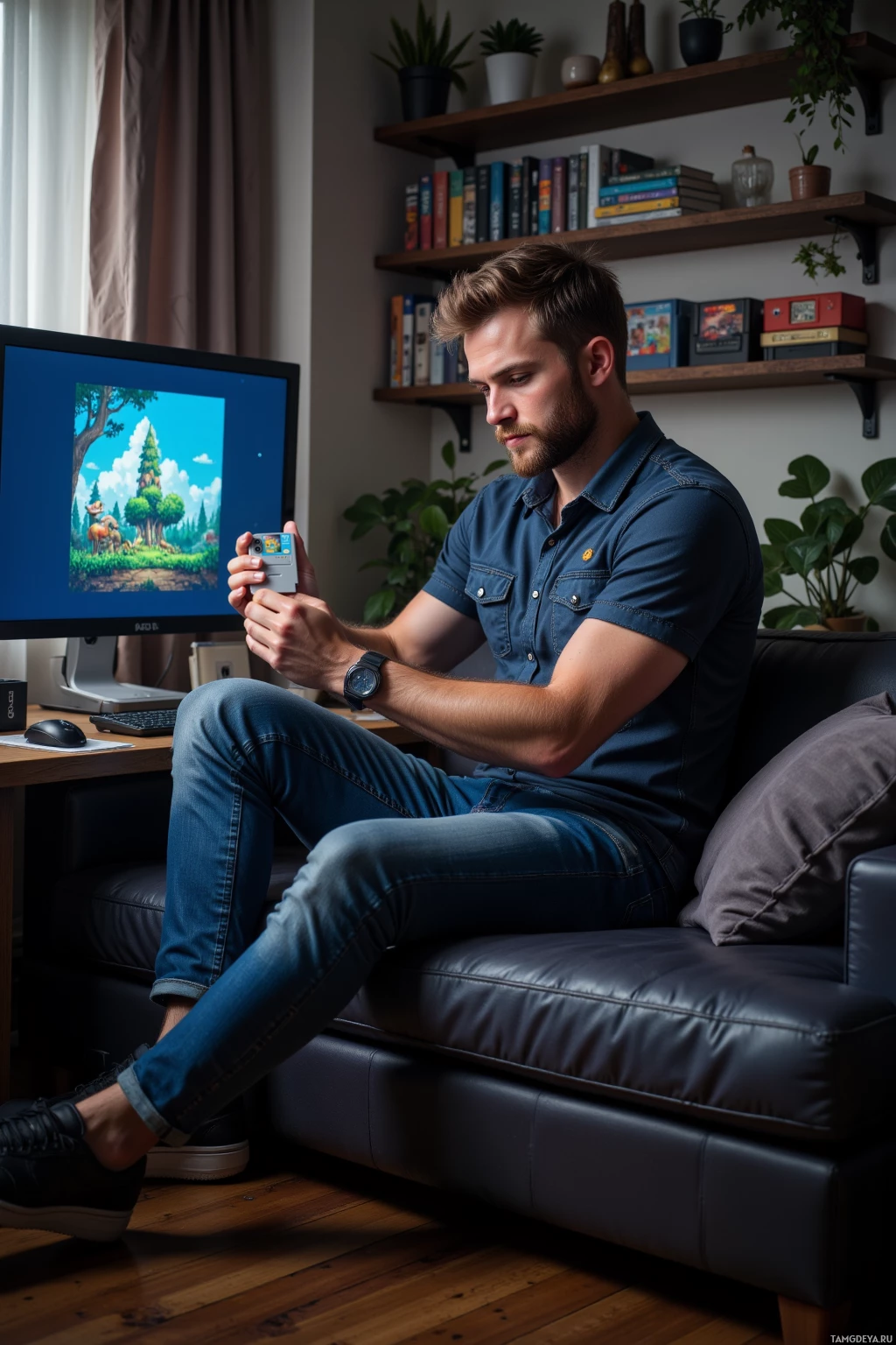 A man sits on a couch, holding a small device, with a computer monitor displaying a nature scene in the background.