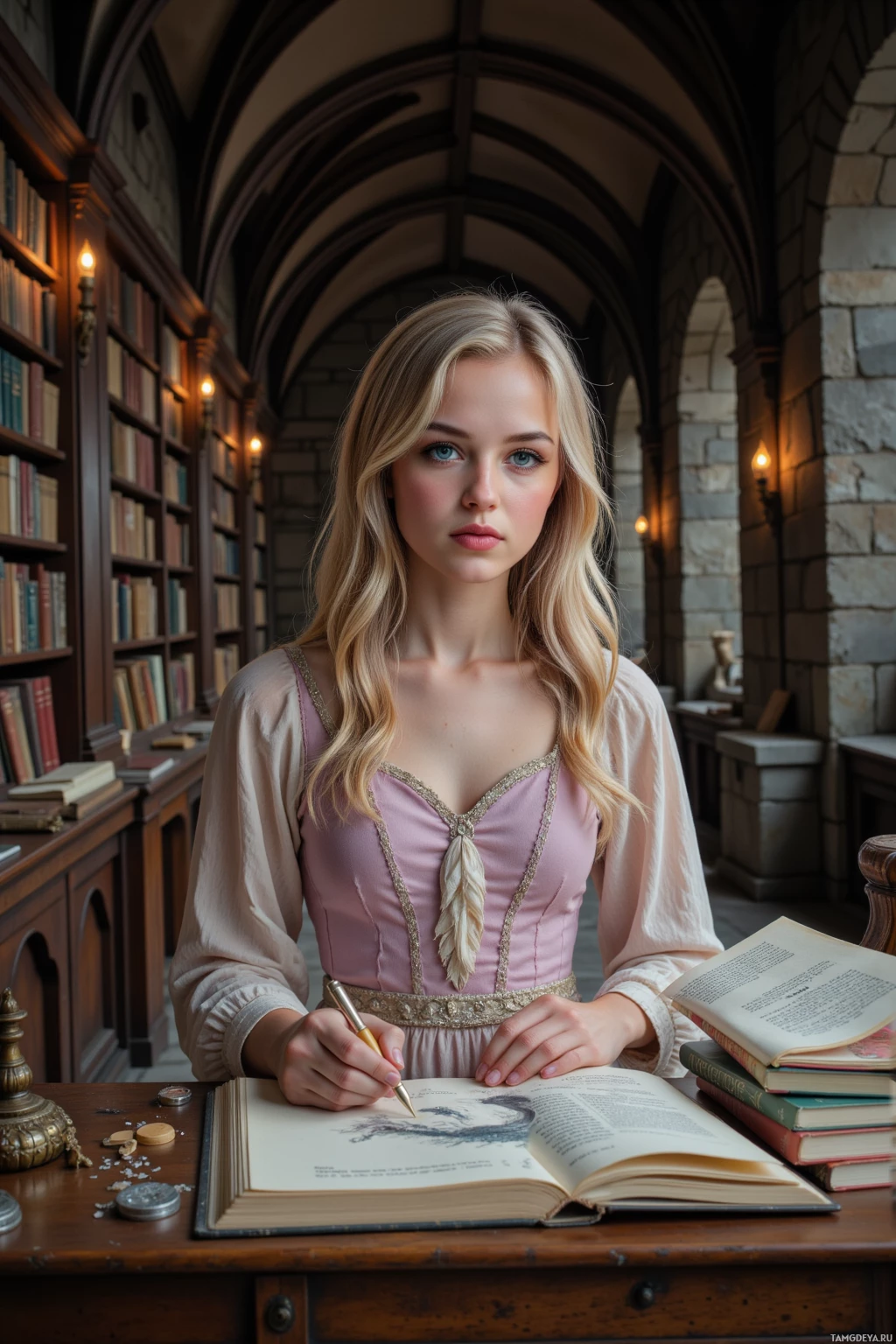 A woman in a historical-style dress is seated at a desk in a library, writing in a book.