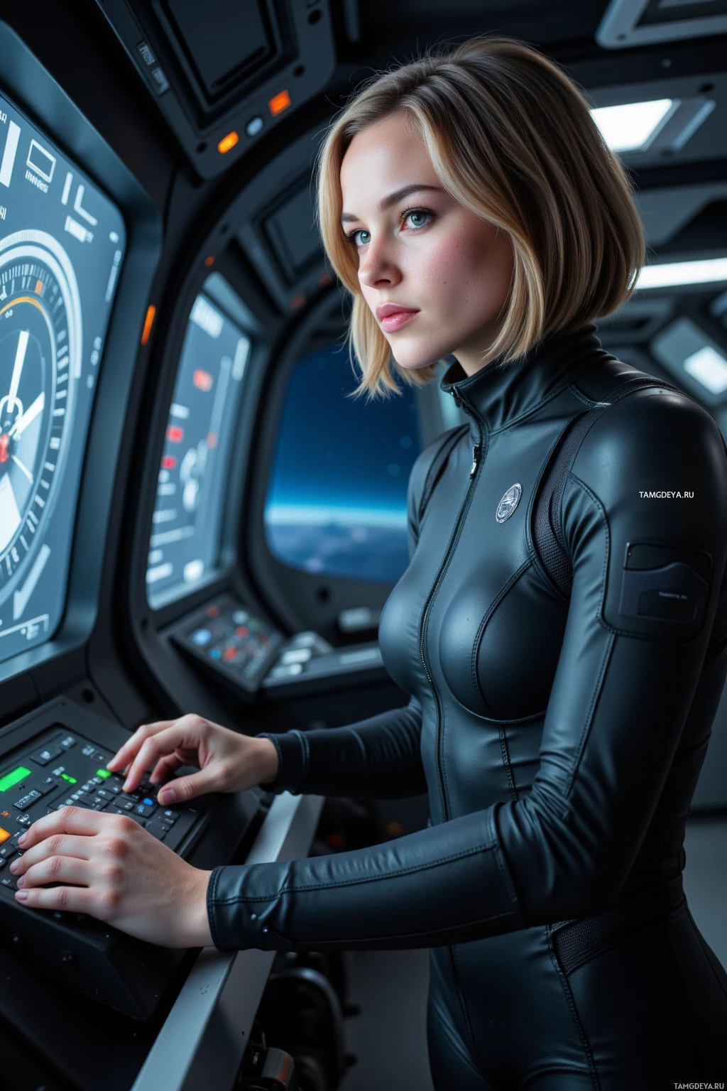 A person in a futuristic black suit operates a control panel in a spacecraft.