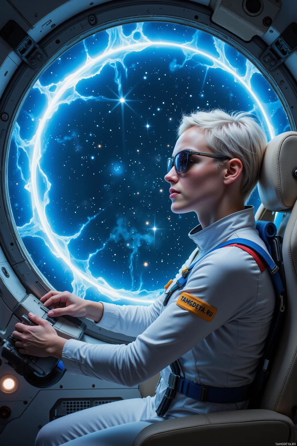 A person in a space suit operates a control panel inside a spacecraft, with a view of a starry space scene through the window.