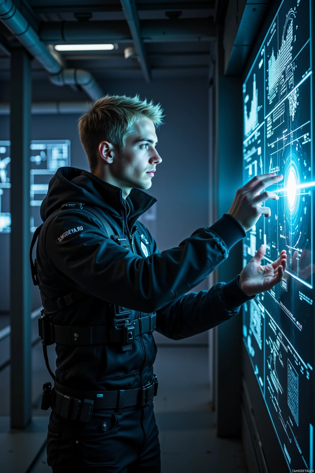 A person in a tactical outfit interacts with a large digital display in a dimly lit room.