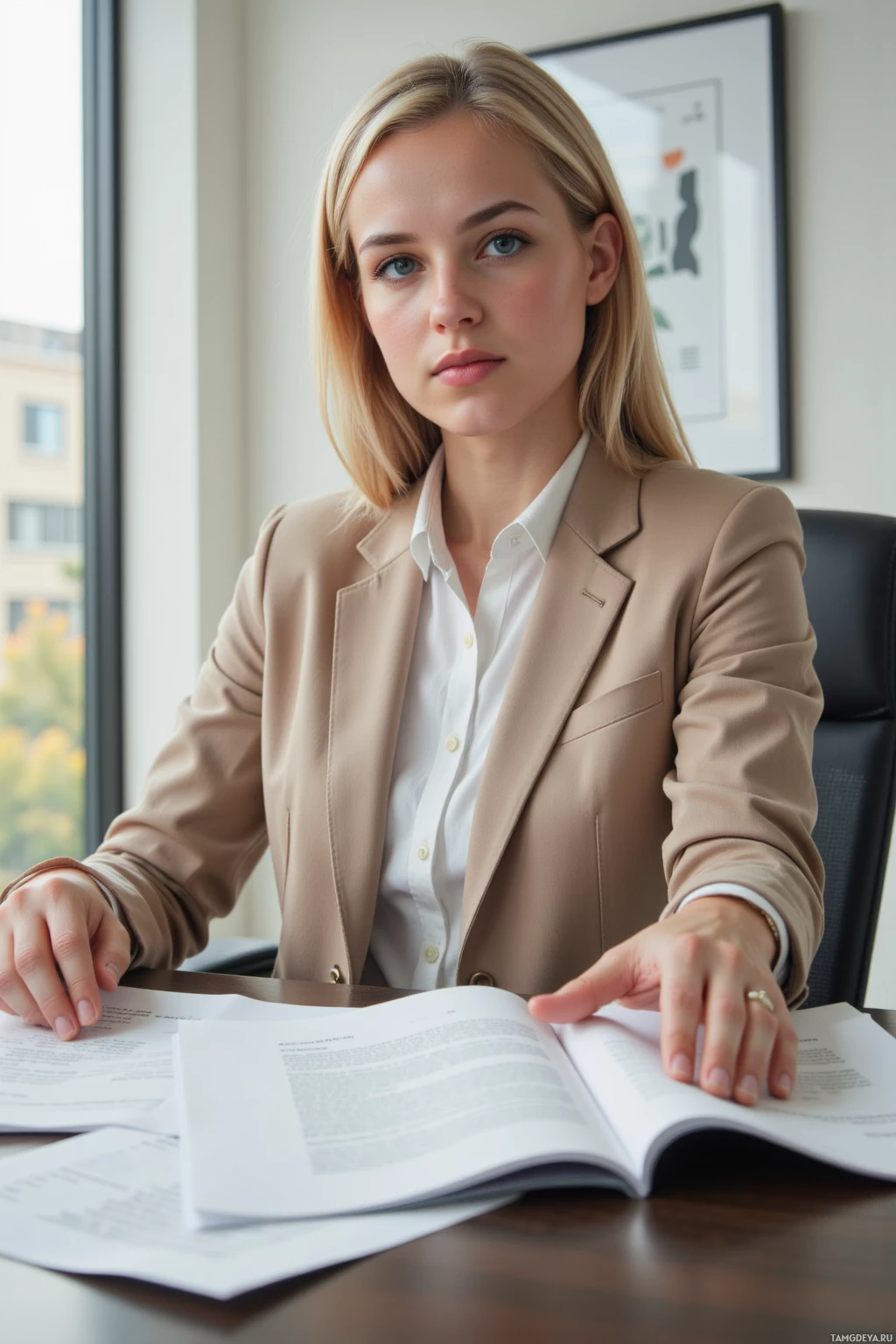 A woman in a professional setting, seated at a desk with documents, wearing a beige blazer and white shirt.