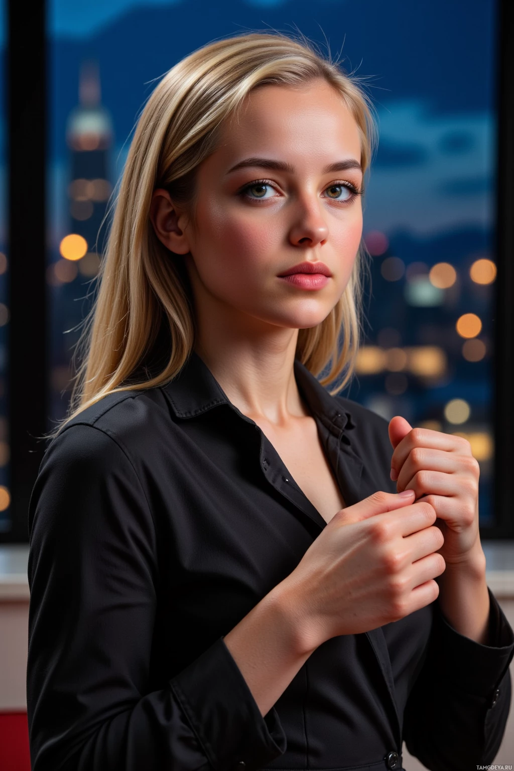 A woman in a black shirt stands in front of a cityscape at night.