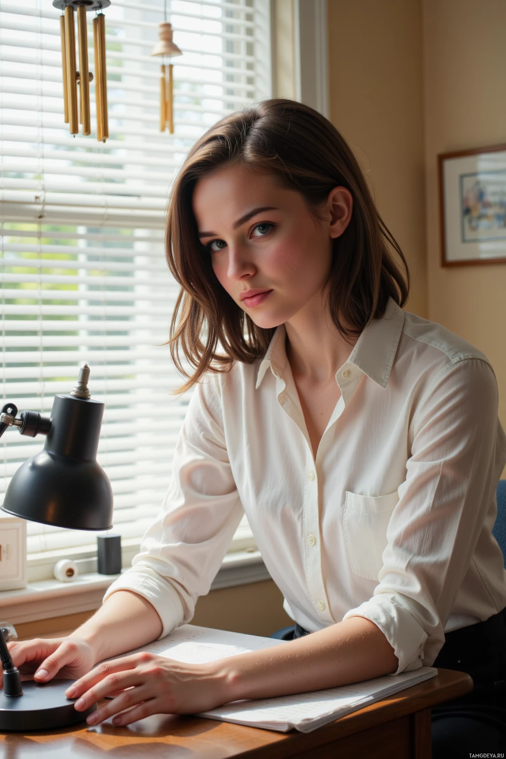 A woman in a white shirt sits at a desk with a lamp and papers, looking thoughtful.