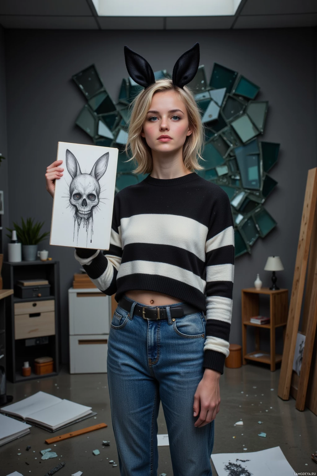 A person wearing a striped sweater and jeans holds a drawing of a skull with rabbit ears.