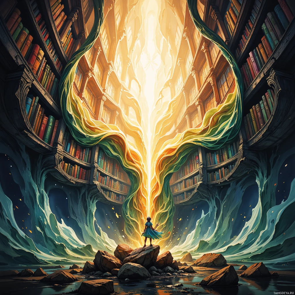 A child stands on rocks facing a glowing, ethereal portal in a grand library.