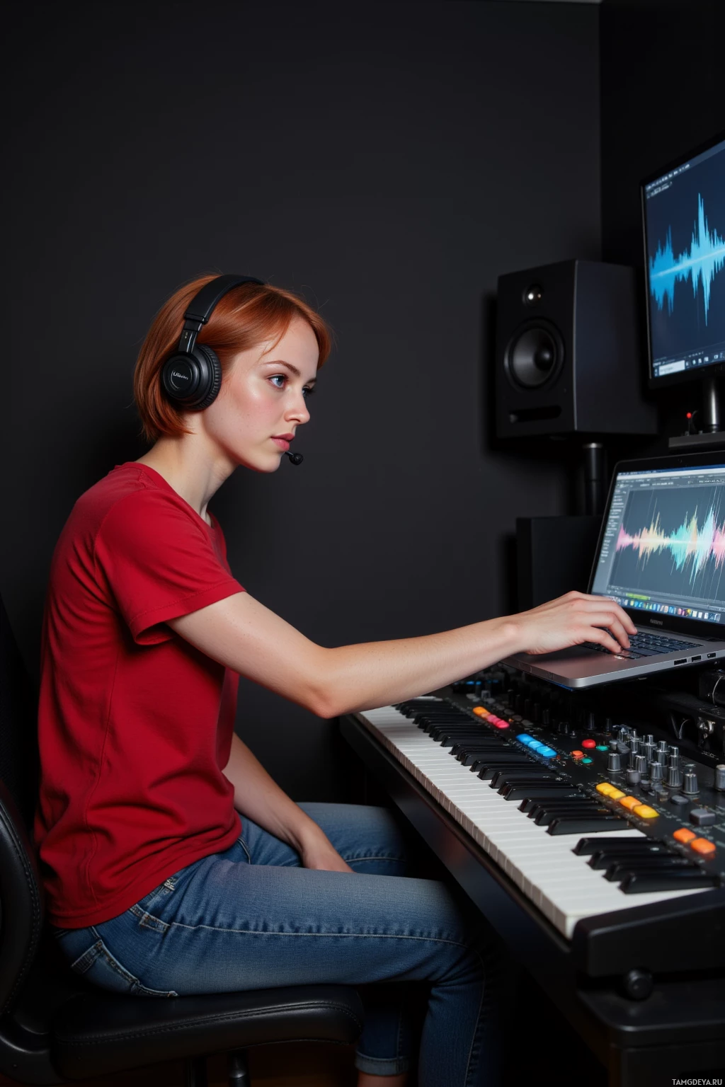 A person in a red shirt is working at a music production setup with a keyboard and audio equipment.