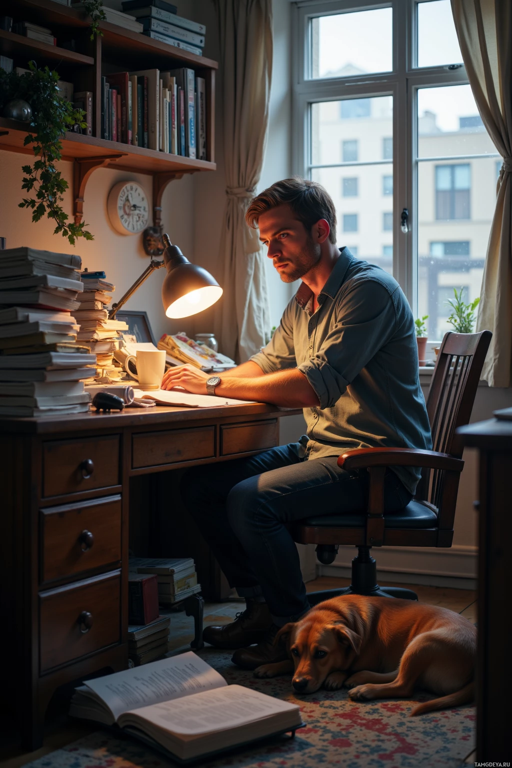 A man sits at a desk with a lamp, surrounded by books and a dog resting nearby.