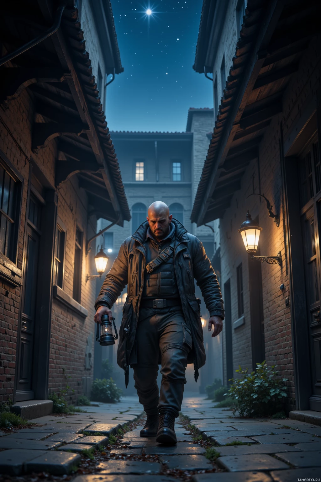 A man walks down a dimly lit alleyway at night, holding a lantern.