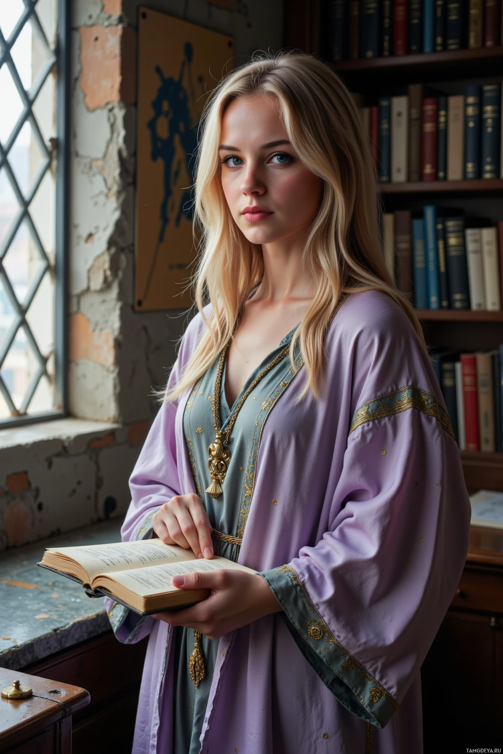 A woman in a historical-style dress holds an open book in a room with bookshelves and a window.