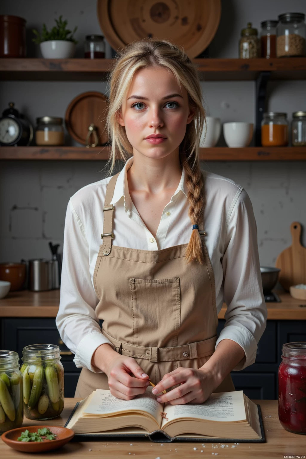 A woman in a kitchen wearing an apron, holding a book open on a table.