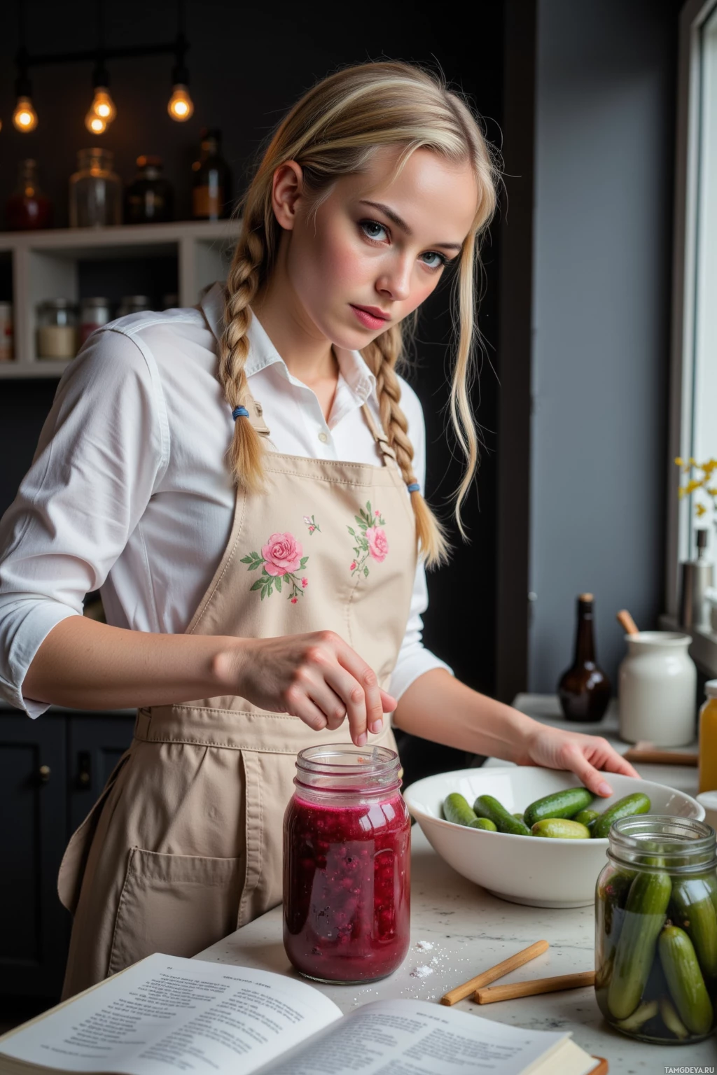 A woman in an apron is preparing a jar of pickled vegetables in a kitchen.