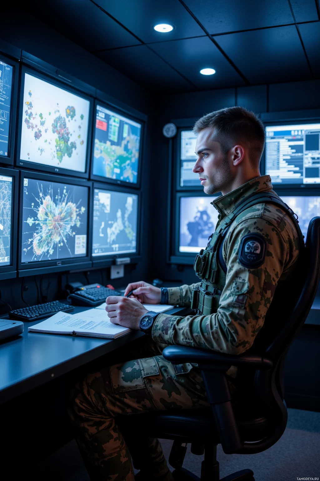 A soldier in camouflage uniform is seated at a desk, working with multiple computer monitors displaying various data.