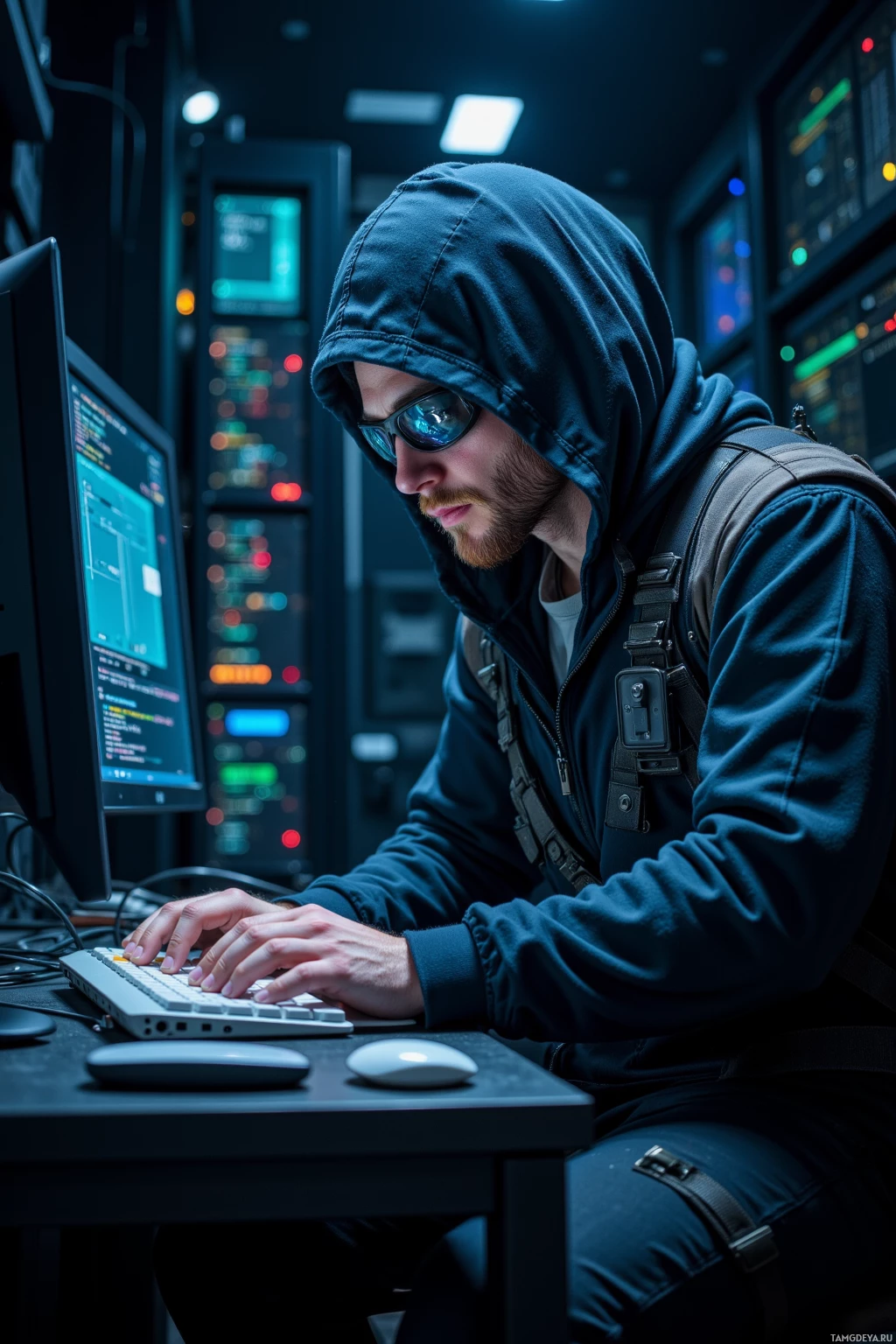 A person in a hooded sweatshirt and sunglasses is working at a computer in a dimly lit room.
