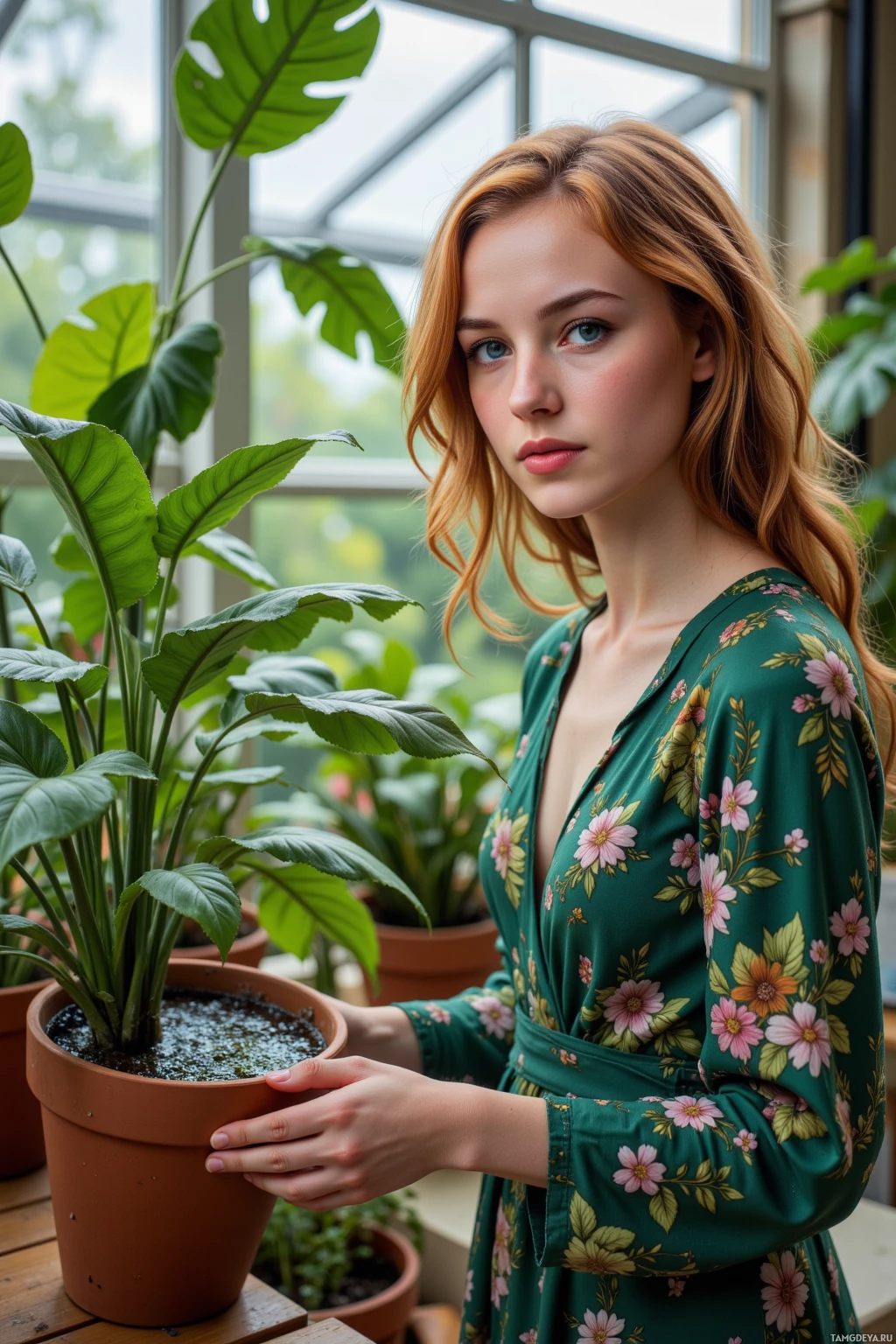 A woman in a floral dress holds a potted plant in a greenhouse.