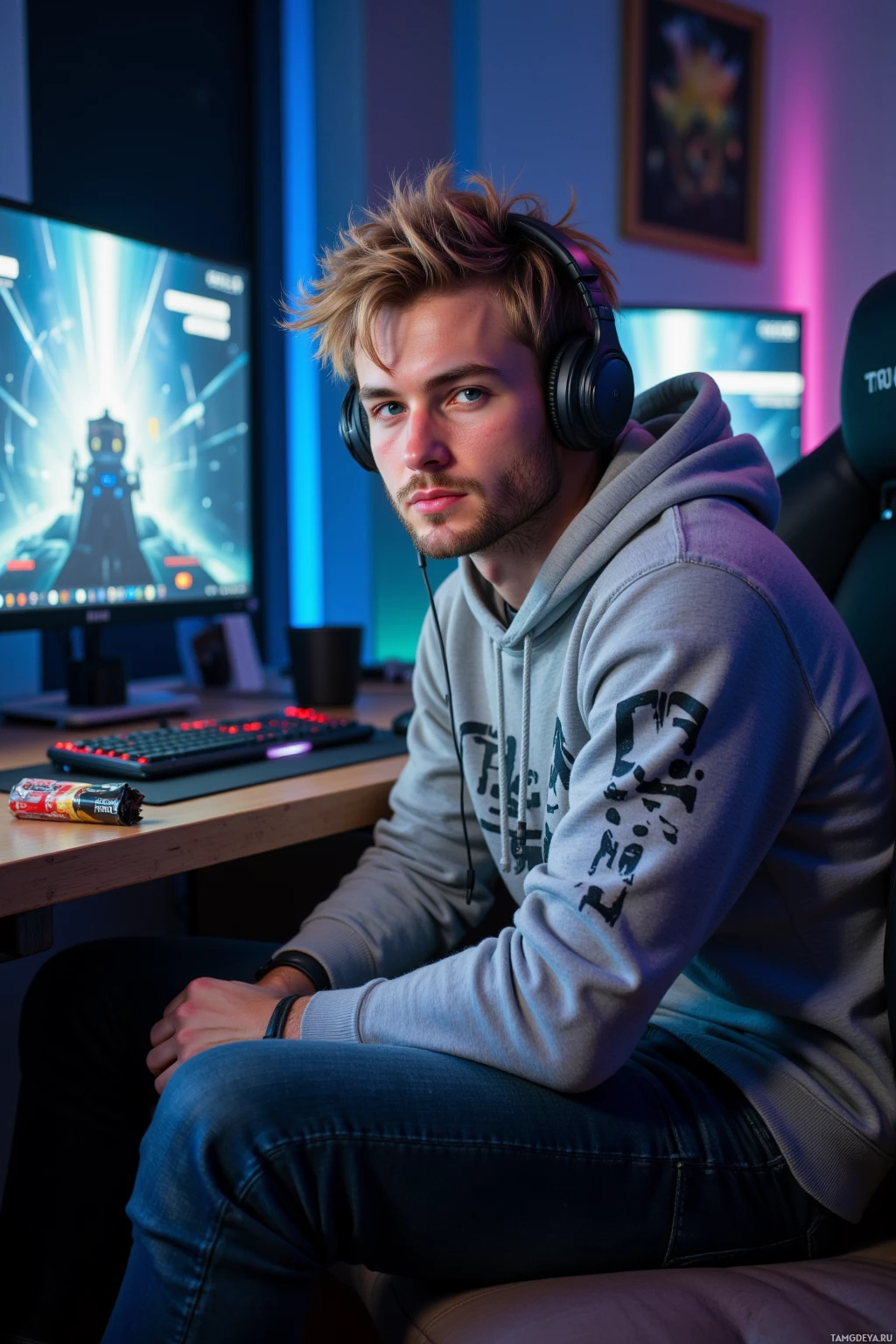 A person wearing headphones sits in front of a computer setup with a monitor displaying a game.