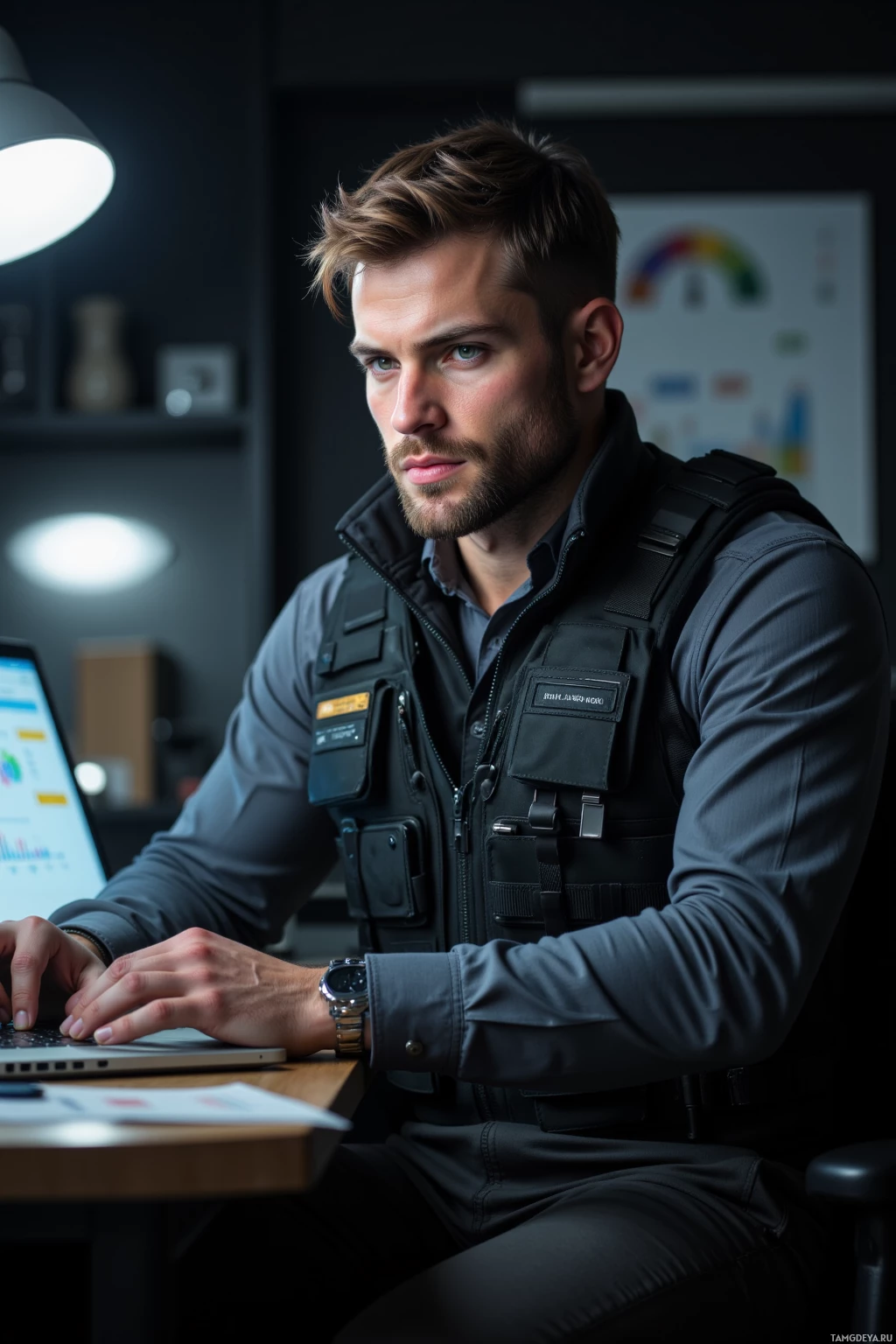 A man in tactical gear is working at a desk with a laptop.