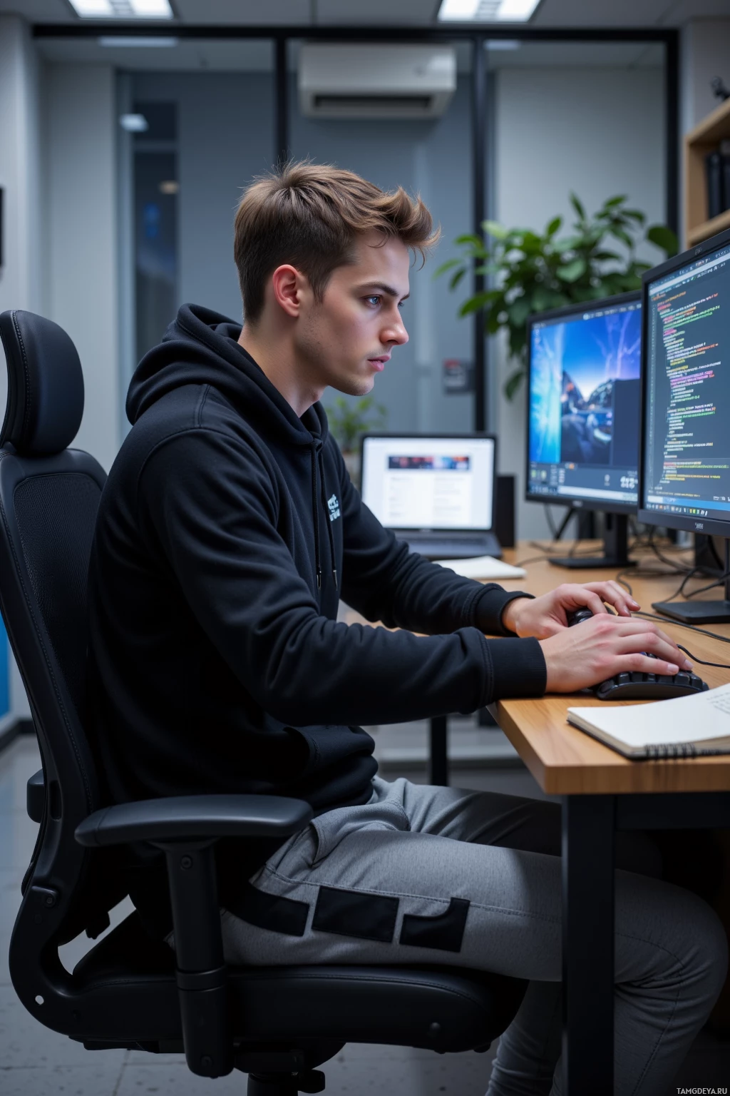 A person is seated at a desk working on a computer in an office setting.