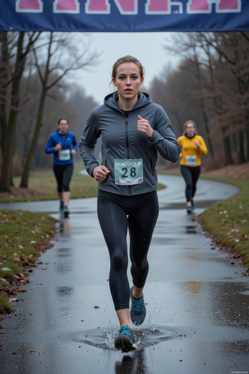 A runner in a gray jacket and black leggings runs on a wet path during a race.